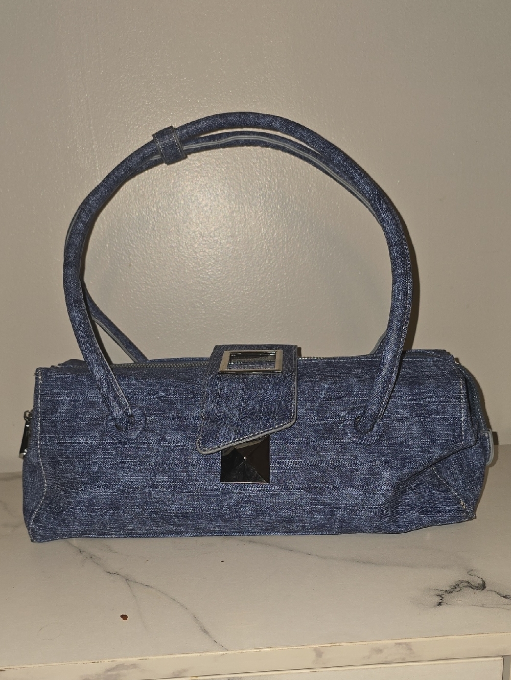 Denim Barrel Satchel Handbag - Blue